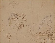 Drawing of Isaac and Rebeccah spied upon by Abimelech, by Rembrandt, c. 1662