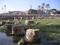 View of the ruins of the hypostyle hall and pylon of Ramses II