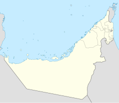 Mapa konturowa Zjednoczonych Emiratów Arabskich, blisko centrum na prawo znajduje się punkt z opisem „Ferrari World Abu Dhabi”