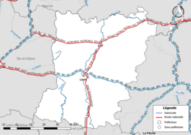 Carte du réseau routier national (autoroutes et routes nationales) dans le département de la Mayenne