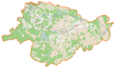 Mapa konturowa powiatu świebodzińskiego, blisko prawej krawiędzi znajduje się punkt z opisem „Zbąszynek”