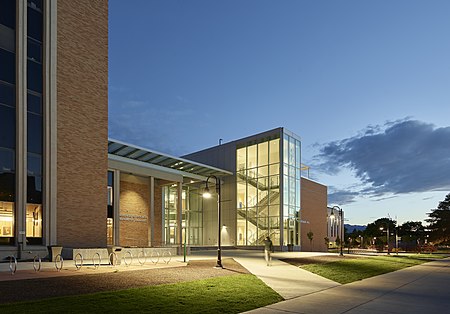 The Jon M. Huntsman School of Business' north-facing entrances.