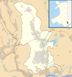 Mapa konturowa Torfaen, u góry nieco na lewo znajduje się punkt z opisem „Blaenavon”