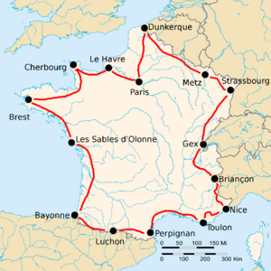 Route of the 1924 Tour de France followed counterclockwise, starting in Paris