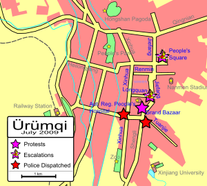 Road map of Ürümqi, showing locations where protests occurred and where they escalated, and where police were dispatched. Protests occurred at the Grand Bazaar in the centre of the map, at People's Square in the northeast, and at the intersection of Longquan and Jiefang Roads in between; protests escalated at the latter two locations. Police were later dispatched to two locations south of the Grand Bazaar.