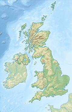 Mapa konturowa Wielkiej Brytanii, blisko dolnej krawiędzi znajduje się punkt z opisem „St Michael’s Mount”