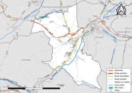 Carte en couleur présentant le réseau hydrographique de la commune