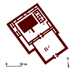 Plànol d'Ekur, temple d'Enlil a Nippur: 1. Ziggurat 2. «Temple cuina» 3. Capella del pati sud-est