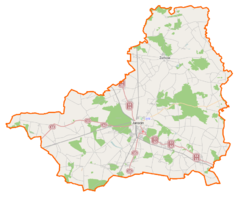 Mapa konturowa powiatu jarocińskiego, u góry po prawej znajduje się punkt z opisem „Paruchów”