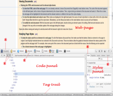 In der oberen Hälfte ist eine Webseite zu sehen, ein Absatz ist umrahmt und hervorgehoben. Die untere Hälfte zeigt die Entwicklerwerkzeuge mit mehreren Reitern, ausgewählt ist „Documents“. Im Tab darunter ist die Baumstruktur der Seite dargestellt, auch hier ist ein Element hervorgehoben. Rechts daneben befindet sich eine weitere Reiterauswahl, hier ist „Styles“ gewählt, darunter werden einige CSS-Eigenschaften gezeigt.