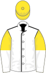 White, black seams, yellow and white halved sleeves, yellow cap