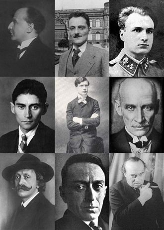 Devět černobílých fotografií:  Oskar Baum, Max Brod, Franz Janowitz, Franz Kafka, Paul Leppin, Gustav Meyrink, Hugo Salus, Ernst Weiss, Franz Werfel