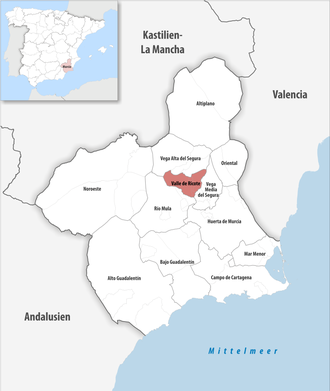 Die Lage der Comarca Valle de Ricote in der autonomen Gemeinschaft Murcia