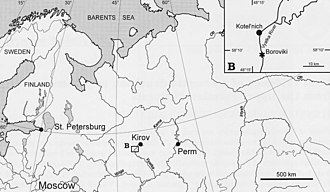 Map showing the Kotelnich locality in Russia where Viatkogorgon was found