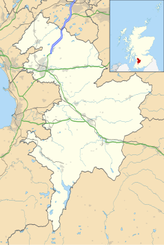 Mapa konturowa East Ayrshire, u góry po lewej znajduje się punkt z opisem „Rugby Park”