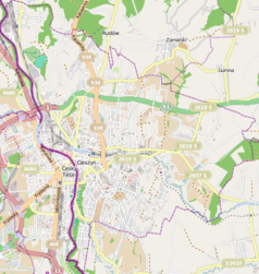 Mapa konturowa Cieszyna, po lewej znajduje się punkt z opisem „Browar Zamkowy Cieszyn”