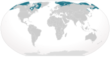 Planisphère de couleur grise représentant en bleu la présence du Bélouga dans le monde (essentiellement l'océan Arctique).