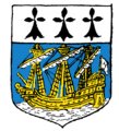 Ancien blason de Brest - "d'azur au navire d'or, aux voiles ferlées d'argent, un pavillon d'argent flottant sur la poupe, voguant sur une mer du même métal, au chef d'argent à trois mouchetures d'hermine de sable"