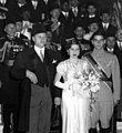 The wedding ceremony of Princess Fawzia and Mohammad Reza Pahlavi. From left to right: King Farouk of Egypt (the bride's brother), Princess Fawzia (the bride) and the Crown Prince of Iran (the groom).