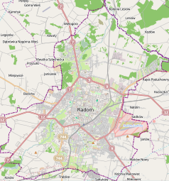 Mapa konturowa Radomia, na dole po lewej znajduje się punkt z opisem „Wyższe Seminarium Duchowne w Radomiu”