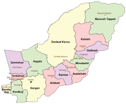 Location of Gomishan County in Golestan Province (left, purple)