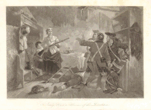 Scene of Nancy Morgan Hart on the left with musket raised and child hiding behind her skirts, and behind; on the right two Loyalist soldiers are lying on the floor, and three are raising their hands defensively in alarm.