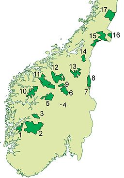 Karta över nationalparker i Sydnorge. Forollhogna nationalpark har nummer 13.