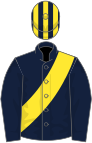 Dark blue, yellow sash, striped cap