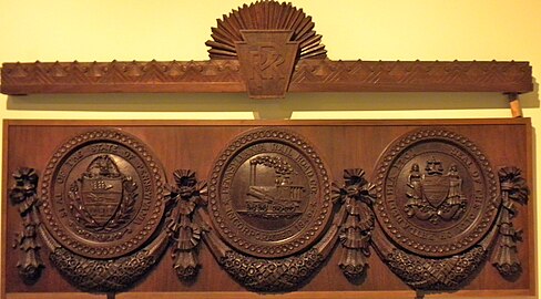 Seal of the Pennsylvania Railroad and coats of arms of Pennsylvania and the City of Philadelphia, from the PRR boardroom at the Broad Street Station. Now at the Railroad Museum of Pennsylvania.