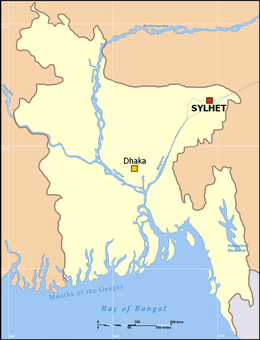 Lokasi Sylhet dari ibukota Bangladesh, Dhaka