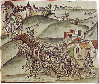 Bürgermeister Rudolf Stüssi aus Zürich verteidigt allein die Sihlbrücke bei St. Jakob, nach der Chronik des Alten Zürichkriegs von Werner Schodoler (1514)