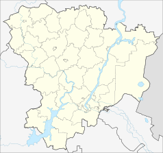 Mapa konturowa obwodu wołgogradzkiego, blisko centrum na dole znajduje się punkt z opisem „Stadion Centralny”