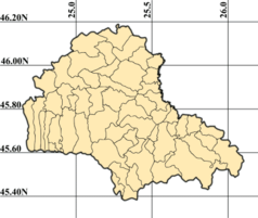 Mapa konturowa okręgu Braszów, u góry nieco na lewo znajduje się punkt z opisem „Bunești”