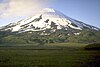 A snow-covered volcano