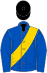 Royal blue, gold sash, black cap