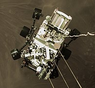 Perseverance rover during Mars skycrane landing, February 2021