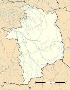 Mapa konturowa Cher, u góry nieco na prawo znajduje się punkt z opisem „Dampierre-en-Crot”