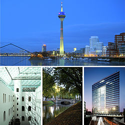 Top: Düsseldorf-Hafen Bottom row from left: Ständehaus of Kunstsammlung Nordrhein-Westfalen, Königsallee and Stadttor