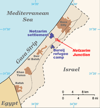 A map showing part of Israel, and to the west, the Gaza Strip and the Mediterranean Sea. To the south, part of Egypt is shown.