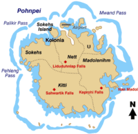 Karta över ön Pohnpei, där Kolonia och andra orter är utmärkta