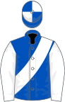 Royal blue, white sash and sleeves, quartered cap