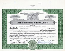 Acción de fundador nº 1 de Sammy Davis Enterprises of Delaware, Ltd. por 6 acciones de 100 $ cada una, emitida el 25 de marzo de 1965, registrada a nombre de Sammy Davis Jr. y con su firma manuscrita como Presidente. El capital social de su productora era de 10.000 dólares.