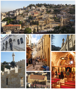 Clockwise from the left top: Al-Salt's skyline, Great Mosque of Al-Salt, St. George Church, Latin Church, Al-Salt Castle, Al-Salt Archaeological Museum, Al-Hammam Road and Al-Salt Small Mosque.