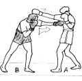 Boxer B makes a left jab counterpunch to the body following Boxer A's right straight punch.