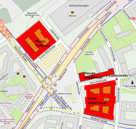 Altes Stadthaus' location in relation to Neues Stadthaus and Rotes Rathaus.