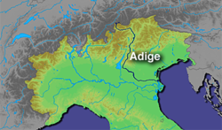 Az Adige folyó elhelyezkedése Olaszország északi részének térképén