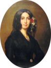 Portrait ovale d'une femme en buste vêtue de noir, les yeux noirs, des cheveux bruns encadrant le visage et mêlés de fleurs