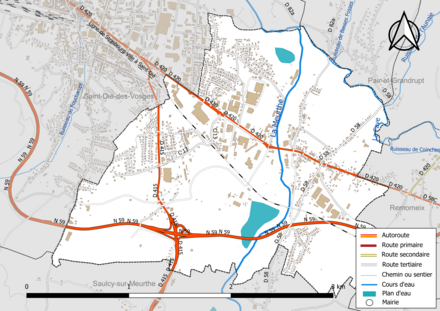 Carte en couleur présentant le réseau hydrographique de la commune