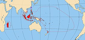 Rozšíření austronéských jazyků. Červeně malajsko-polynéská větev, fialově všechny ostatní (formosanské).