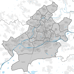 Mapa konturowa Frankfurtu nad Menem, w centrum znajduje się punkt z opisem „Gallileo”